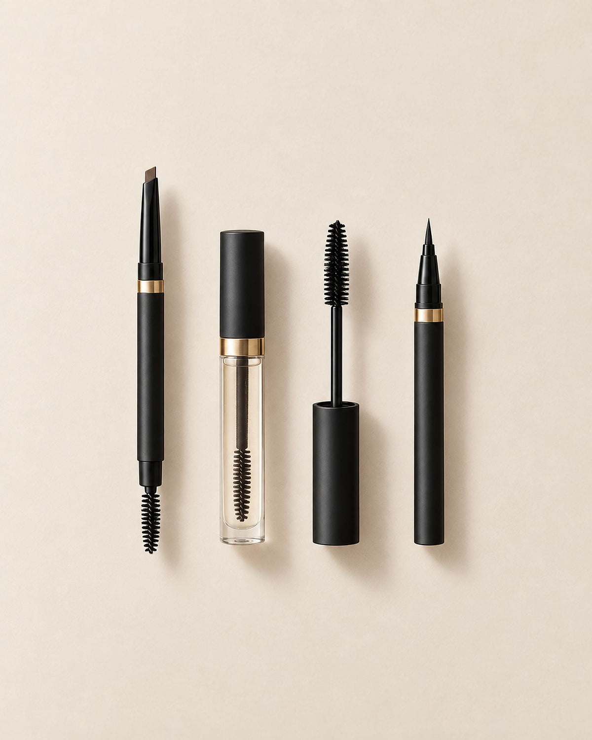 Crayon, gel, mascara et liner alignés dans l'ordre d'utilisation