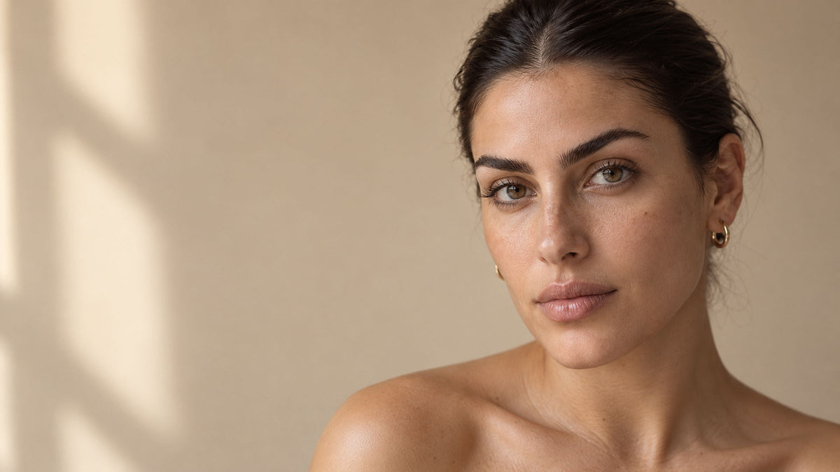 Portrait de femme aux sourcils naturels brossés, fond beige